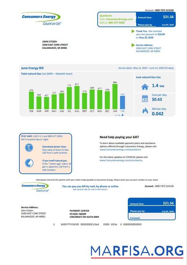 Blank USA Michigan Consumers Energy utility bill template in Word and PDF format